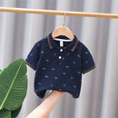 Short Sleeve Children Boys' Polo Collar T-shirt Monochrome Dinosaur Navy Blue