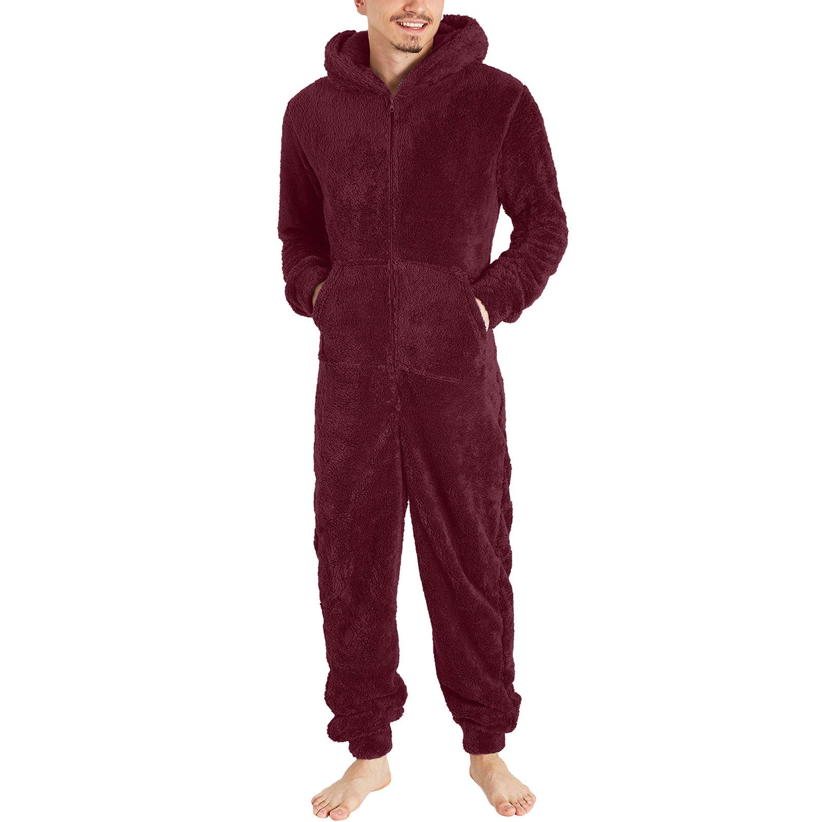 Fashion Zipper Thermal Plush Jumpsuit Thermal Pajamas Wine Red