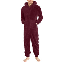 Fashion Zipper Thermal Plush Jumpsuit Thermal Pajamas Wine Red