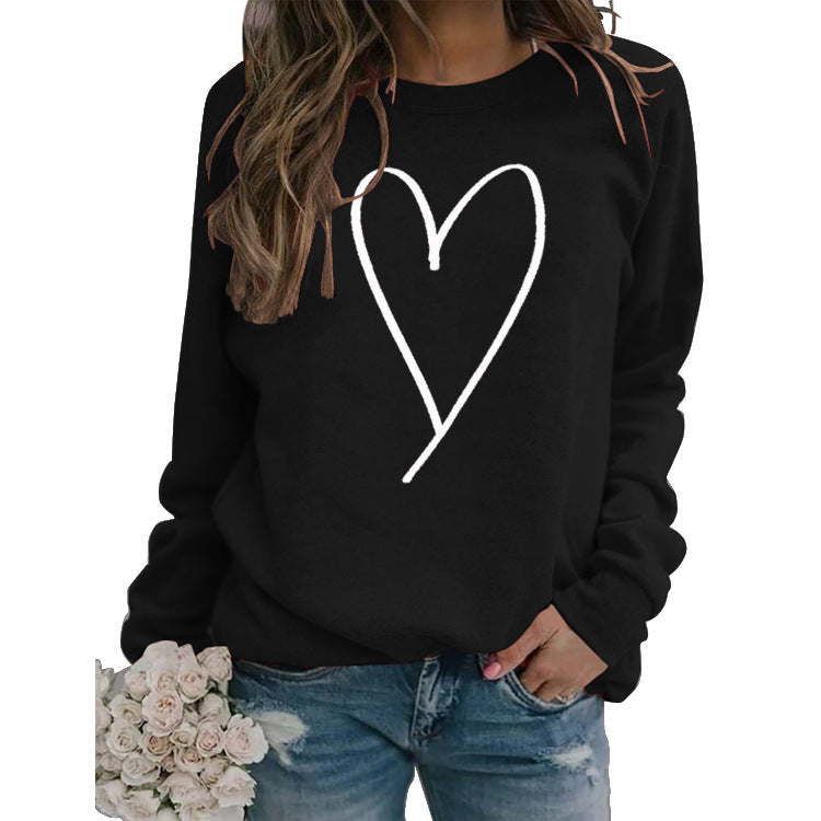 European And American Inspired Top Line Valentine's Day Round Neck Casual Long Sleeve Sweatshirt With Simple Printed Heart Design For Women