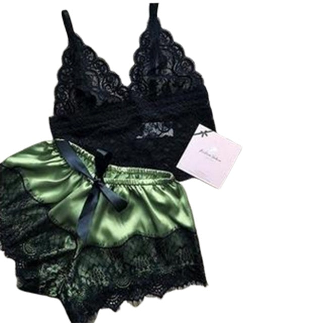 Satin underwear bra shorts set ArmyGreen