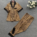 Silk Animal Print Pajamas Set With Lapels For Women