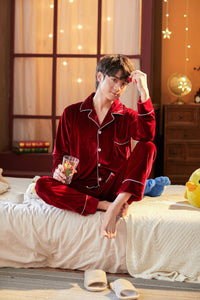 Couple Gold Velvet Long Sleeve Pajamas Wine red Man