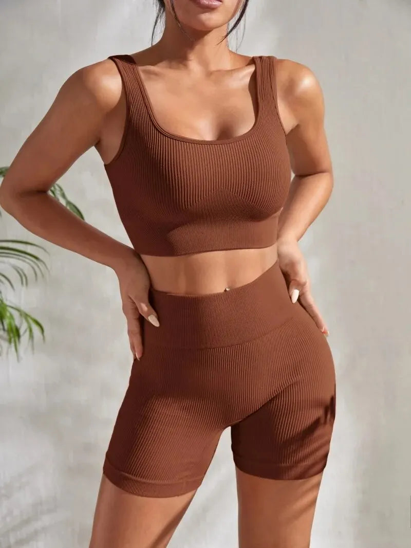 Seamless Ribbed Yoga Sets BROWN M