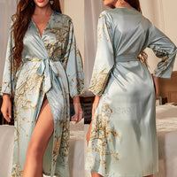 Black Print Flower Long Robe Nightgown Silk Blue Robe S