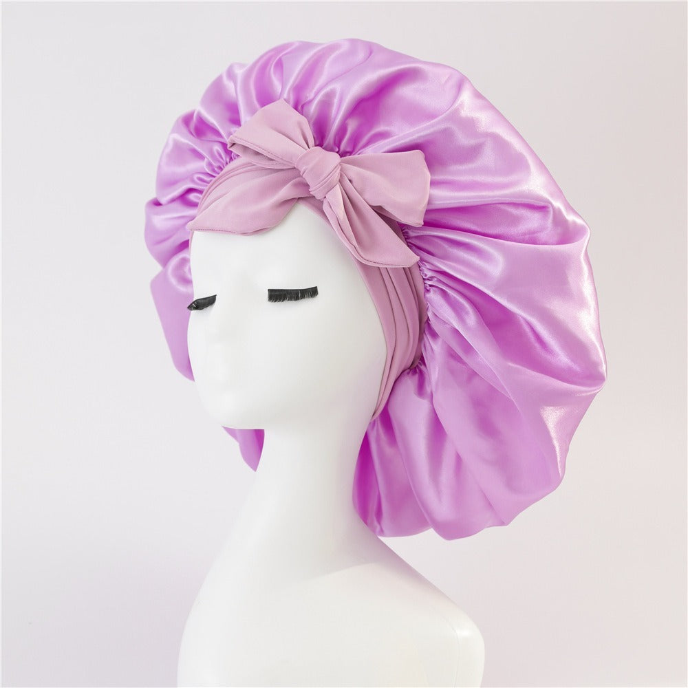 Satin Ribbon Round Bow Elastic Nightcap Violet Free Size