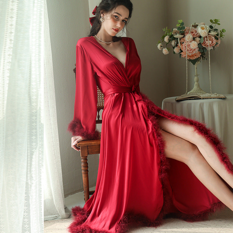 Women's Feather Satin Long Robe Red