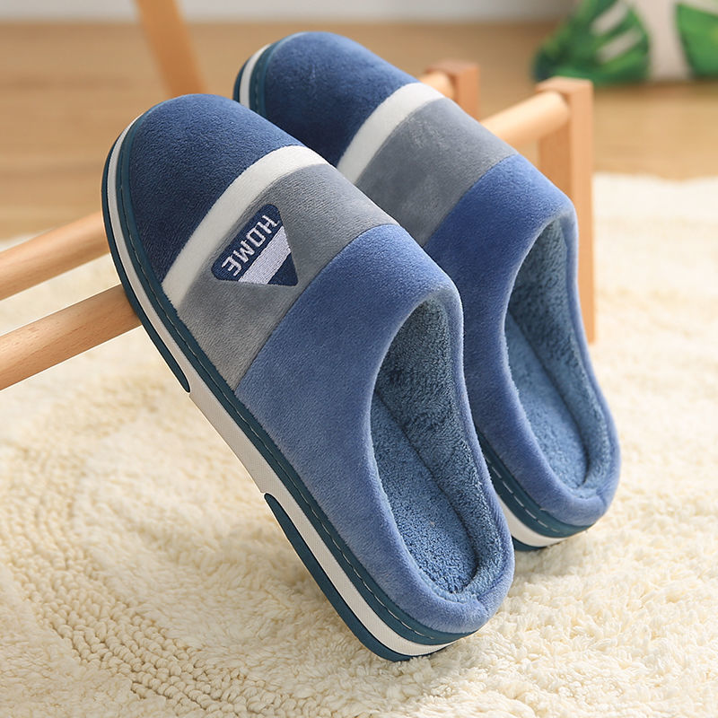 Thick Bottom Plus Velvet Non-Slip Plush Cotton Slippers Blue