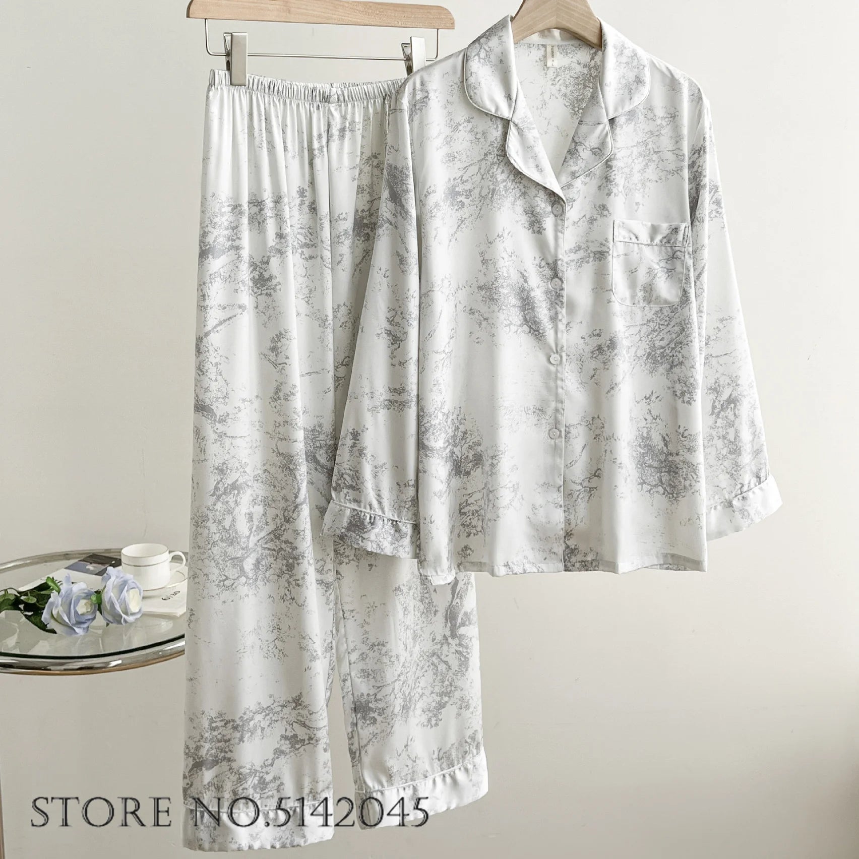 Fashion Print Flower 2PCS Pajamas Set Gray Long Set L