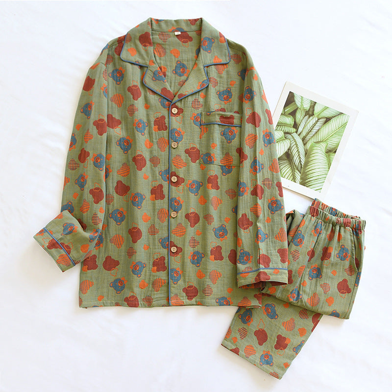 Woven Jacquard Lapel Pajamas Suit Loose Female Olive Green