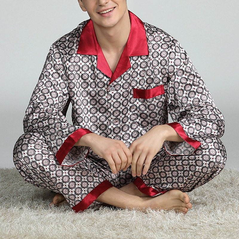 Men's Printed Silk Pajamas for Spring Red circle