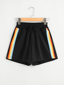 Women Rainbow Striped Elastic Shorts Black