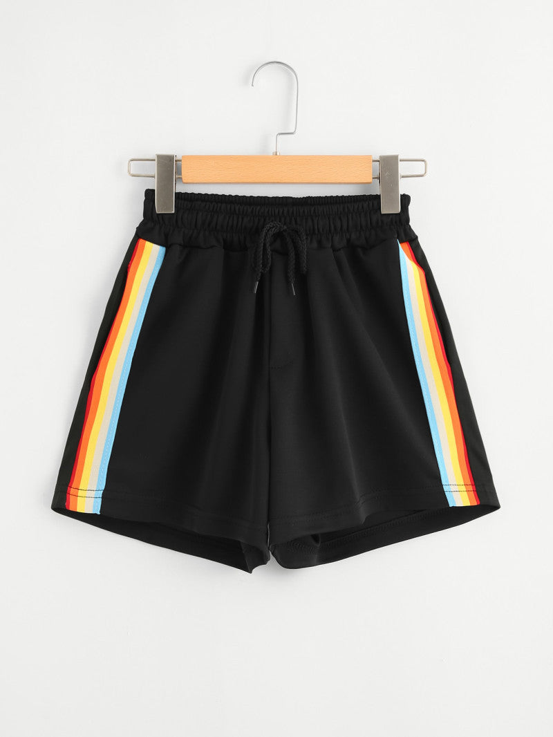 Women Rainbow Striped Elastic Shorts Black