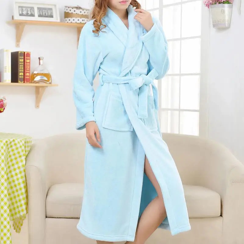 Coral Fleece Long Robe Kimono Gown Light Blue XL