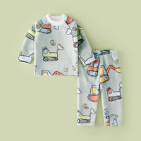 Thick Warm Pajama Set With Cartoon Print For Children Excavator