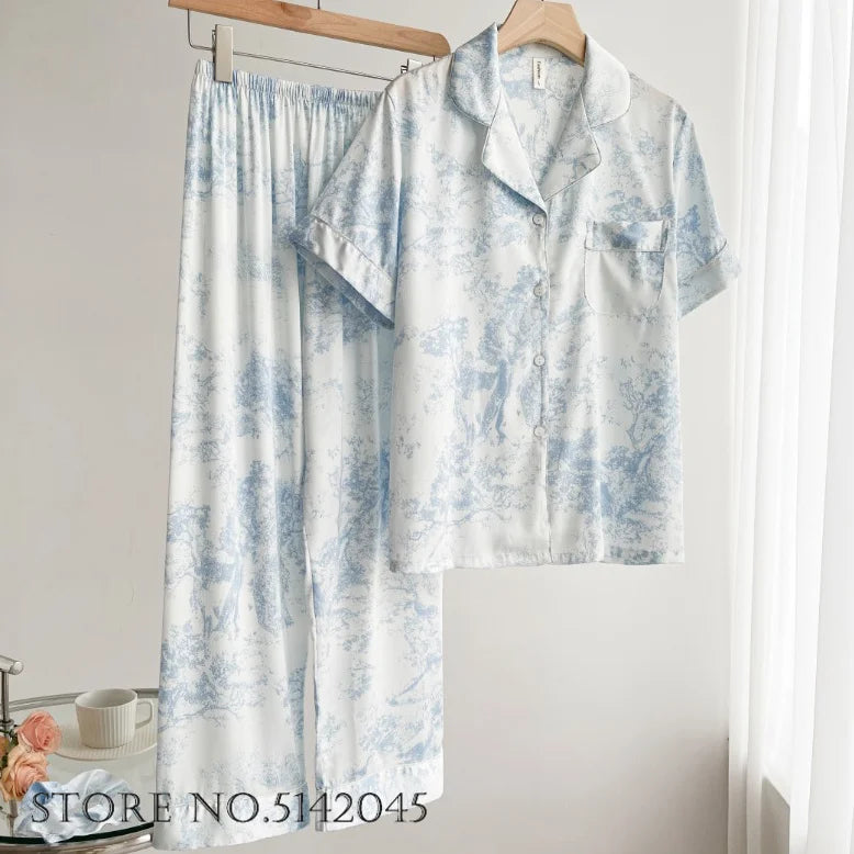 Fashion Print Flower 2PCS Pajamas Set Blue Short Sleeve M