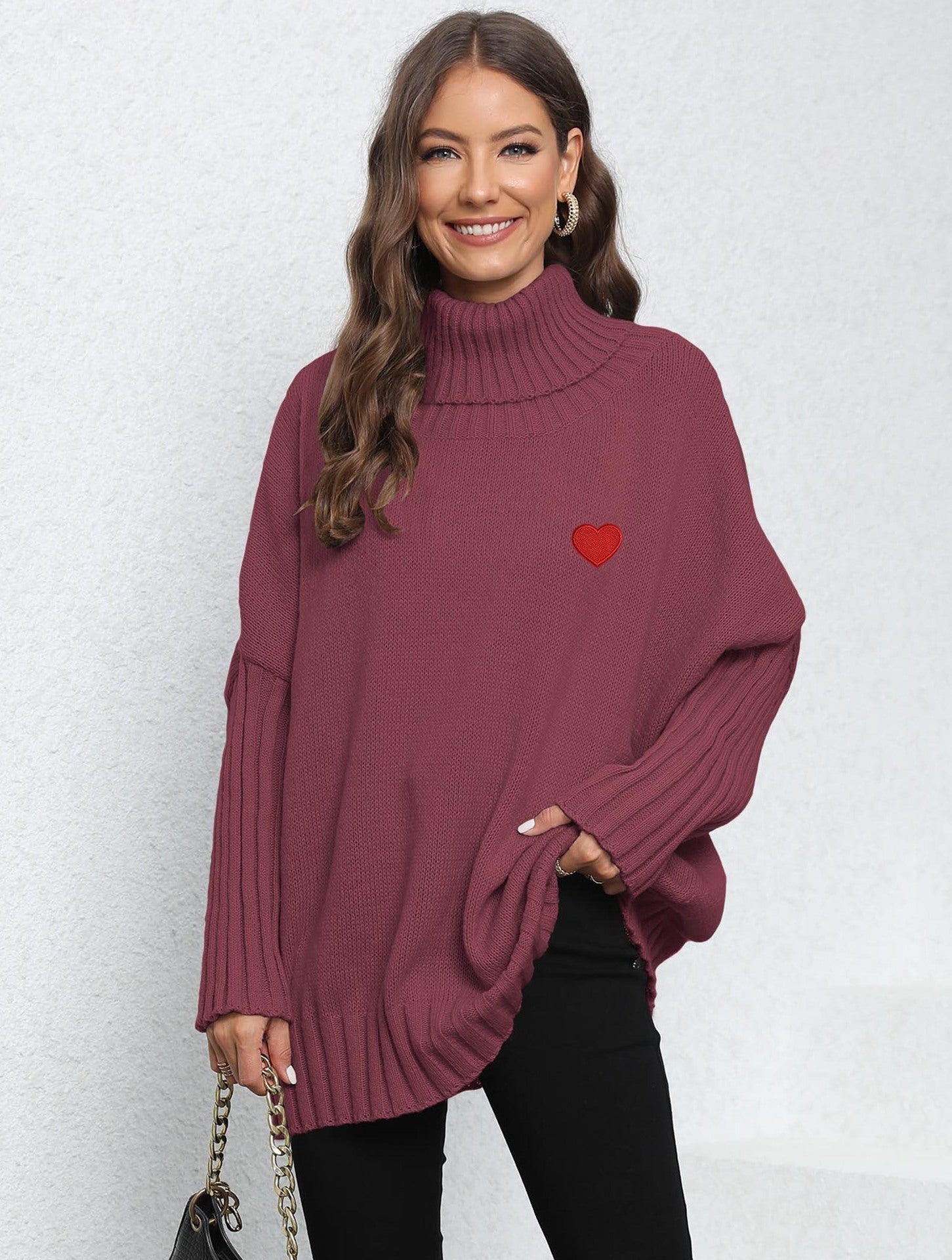 Knitted Loose Lapel Solid Color Turtleneck With Woven Love Stickers For Women