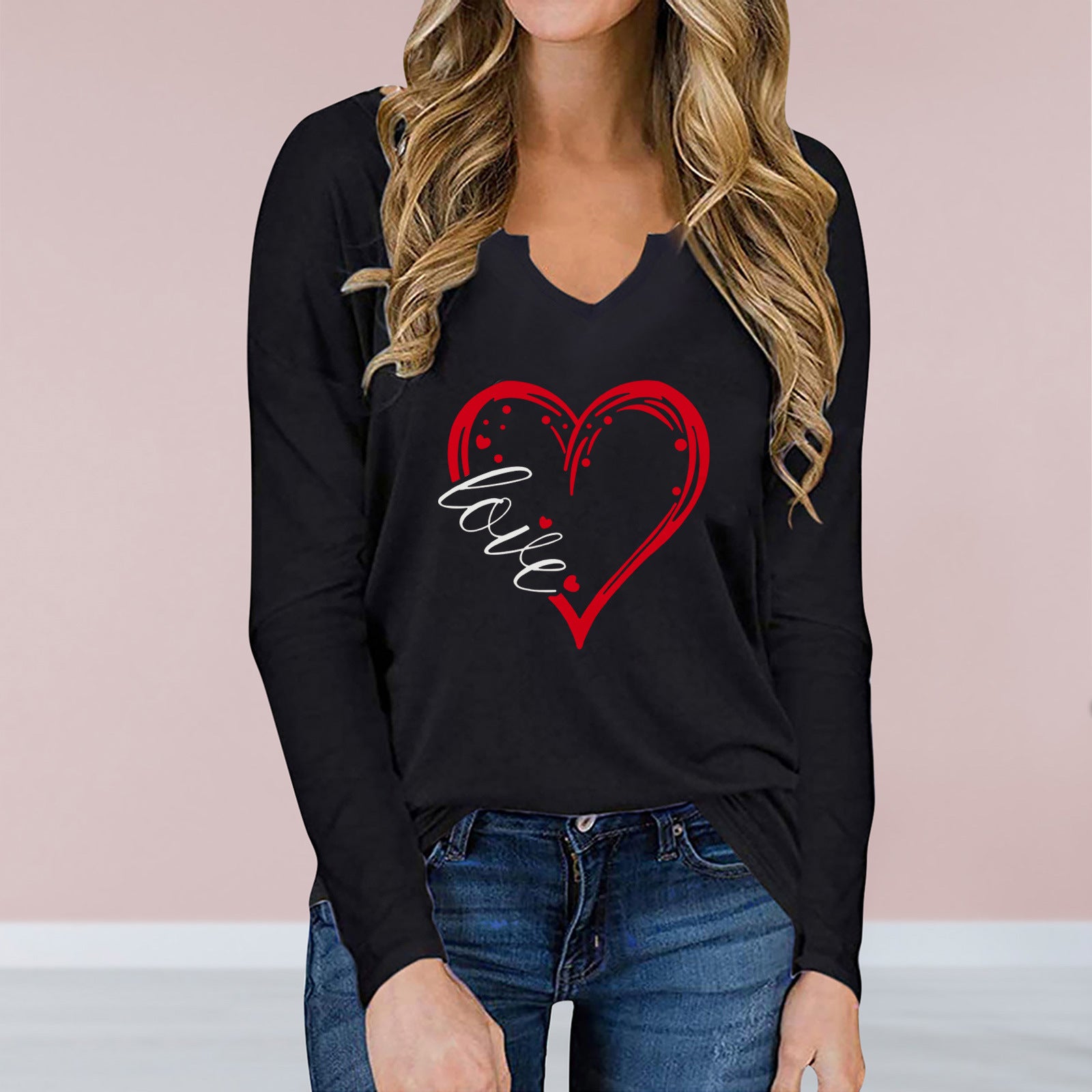 Vneck Valentines Day Printed Tshirt Cross-border Longsleeved Loose Top