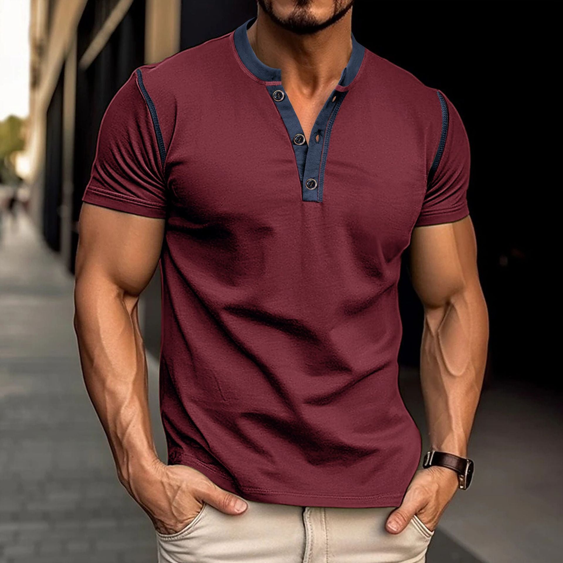 Short-sleeved Polo Shirt Summer Button V-neck T-shirt Tops Wine Red