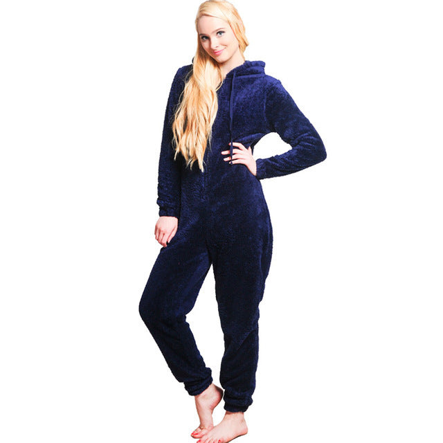 Winter Warm Pyjamas Fluffy Jumpsuits Sleepwear Navy blue