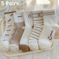 5 Pairs Cute Smiling Mid Tube Print Socks