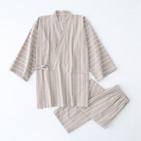 Cotton Washed Pyjamas Suit Men Gray Khaki Stripe