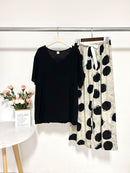 Artificial Cotton Thin Summer Short Sleeve And Pants Loungewear Set Black T 03 Polka Dot