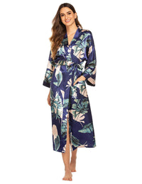 Women's Printing Long Sleeve Nightgown Navy Blue Leaves