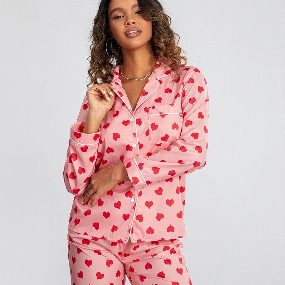 Cute Thin Loungewear Suit With Printed Little Hearts For Women