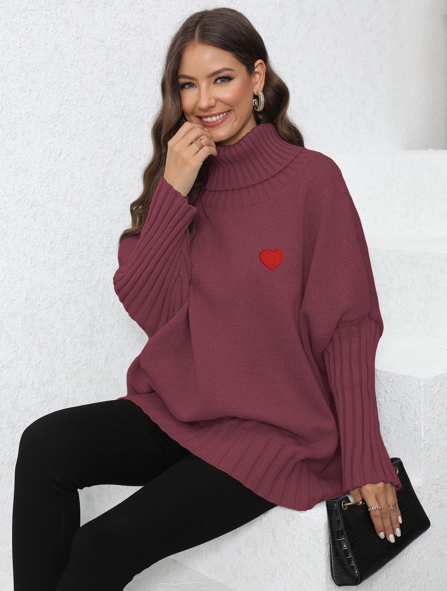 Knitted Loose Lapel Solid Color Turtleneck With Woven Love Stickers For Women Wine Red Average Size