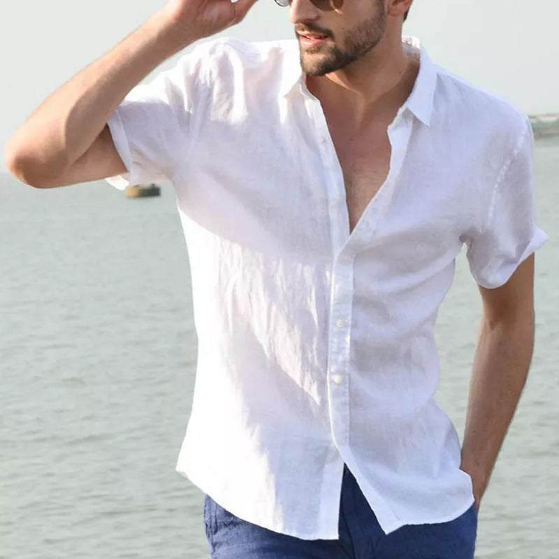 Summer Short-sleeved Shirt Casual Button Tops Men Clothing White