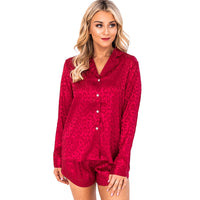 Lapel Long Sleeve Shorts Pajamas For Women Red