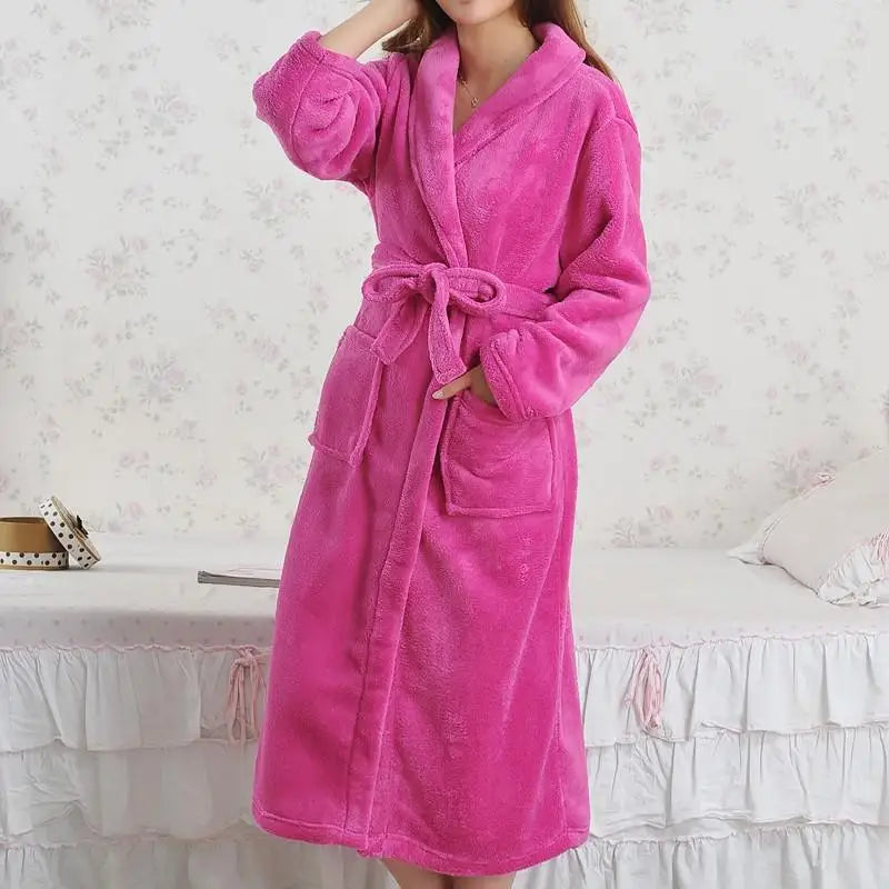 Coral Fleece Long Robe Kimono Gown Hot Pink L