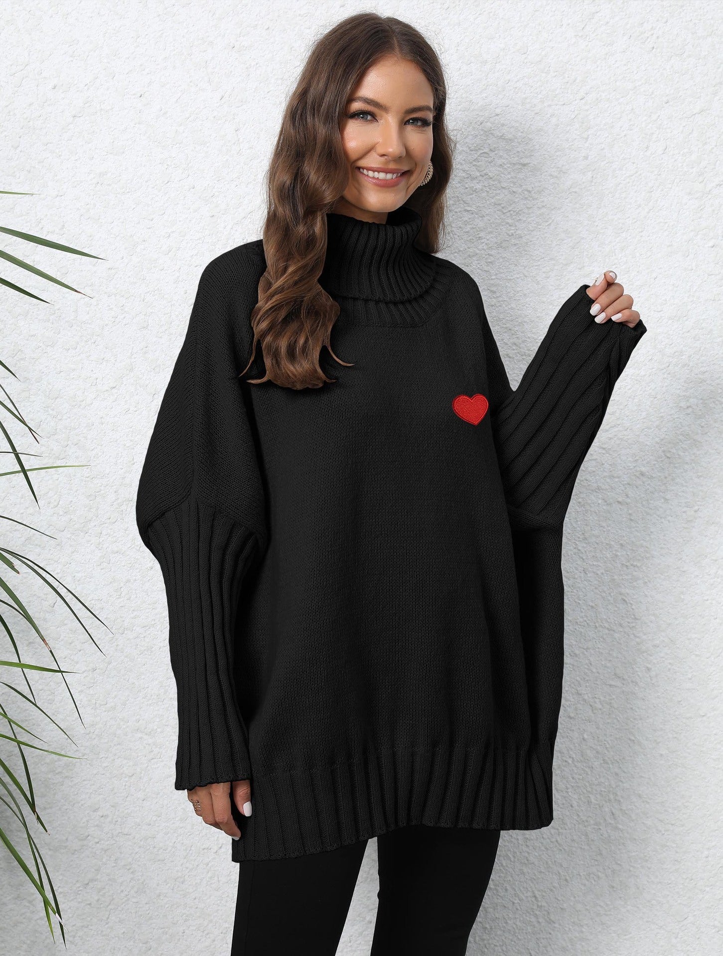 Knitted Loose Lapel Solid Color Turtleneck With Woven Love Stickers For Women Black Average Size