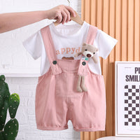 Children Cotton T-shirt Suspender Suit Pink