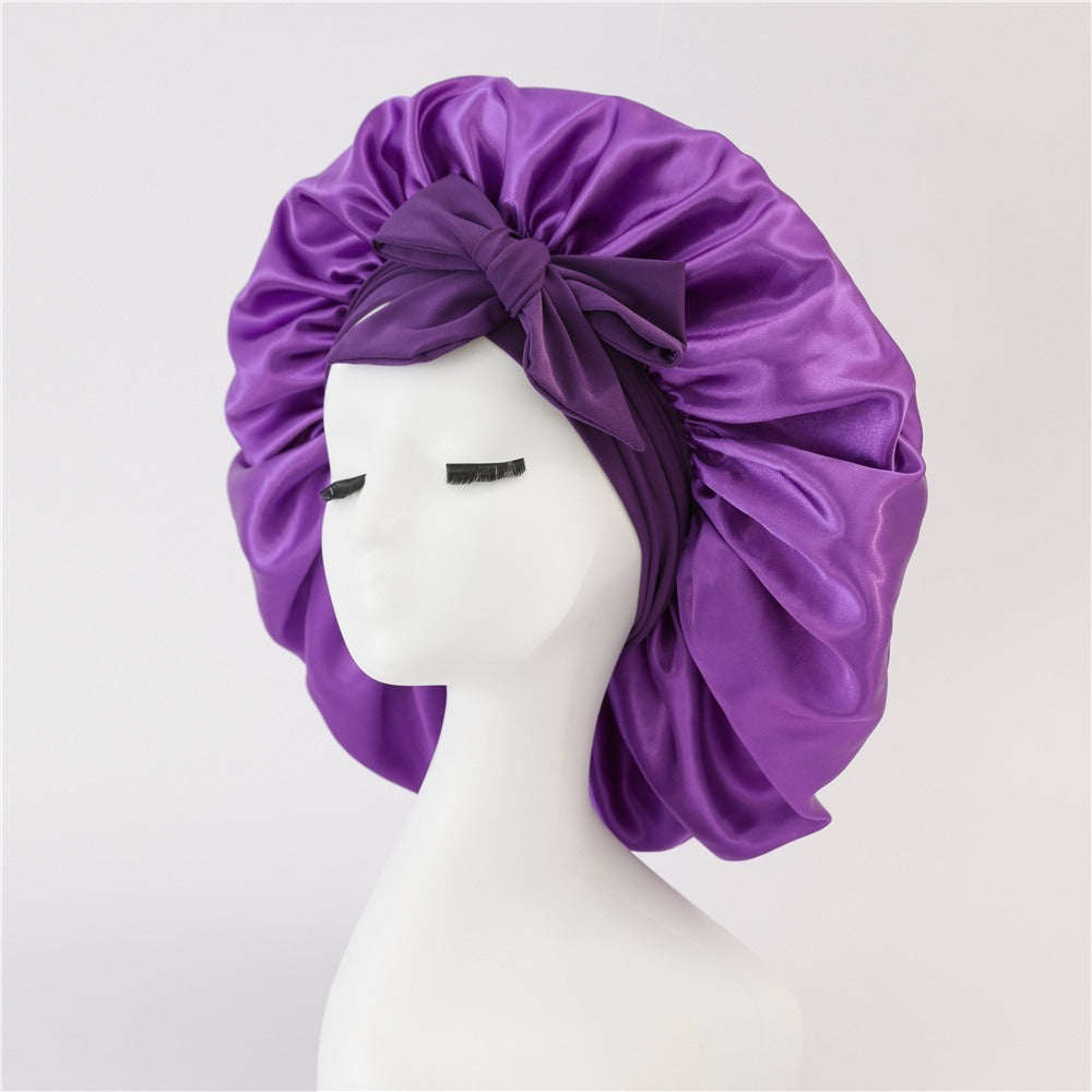 Satin Ribbon Round Bow Elastic Nightcap Dark Purple Free Size