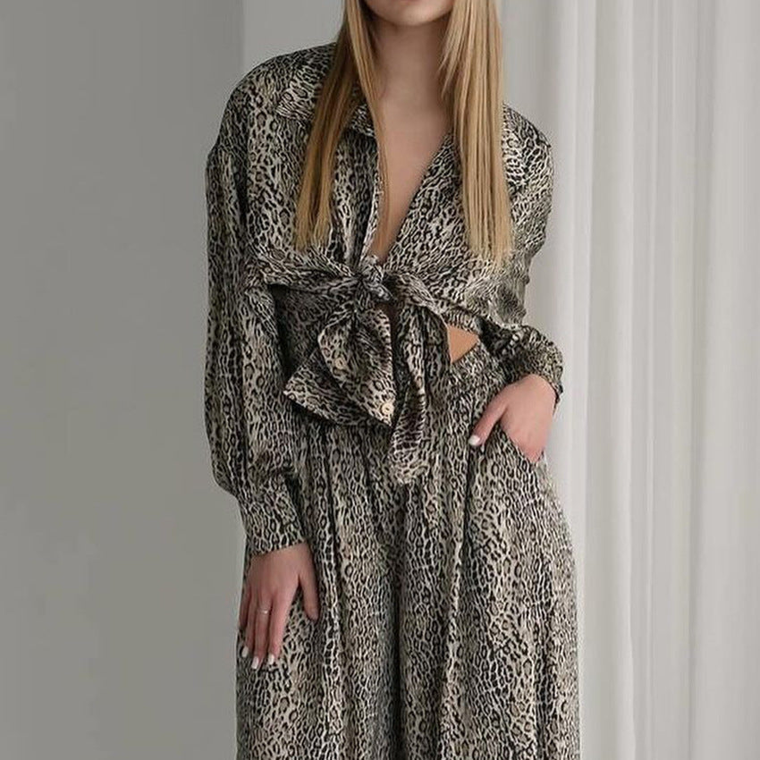 Fashionable Leopard Print Loose Ice Silk Pajamas Set