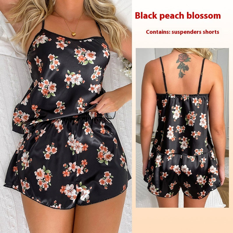 Print Suspender Shorts Pajamas Suit 428 Peach Blossom