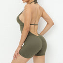 Yoga Pants Halter Neck Jumpsuit Beauty Back Shorts High Elastic One-piece Fitness For Womens Clothing Army Green