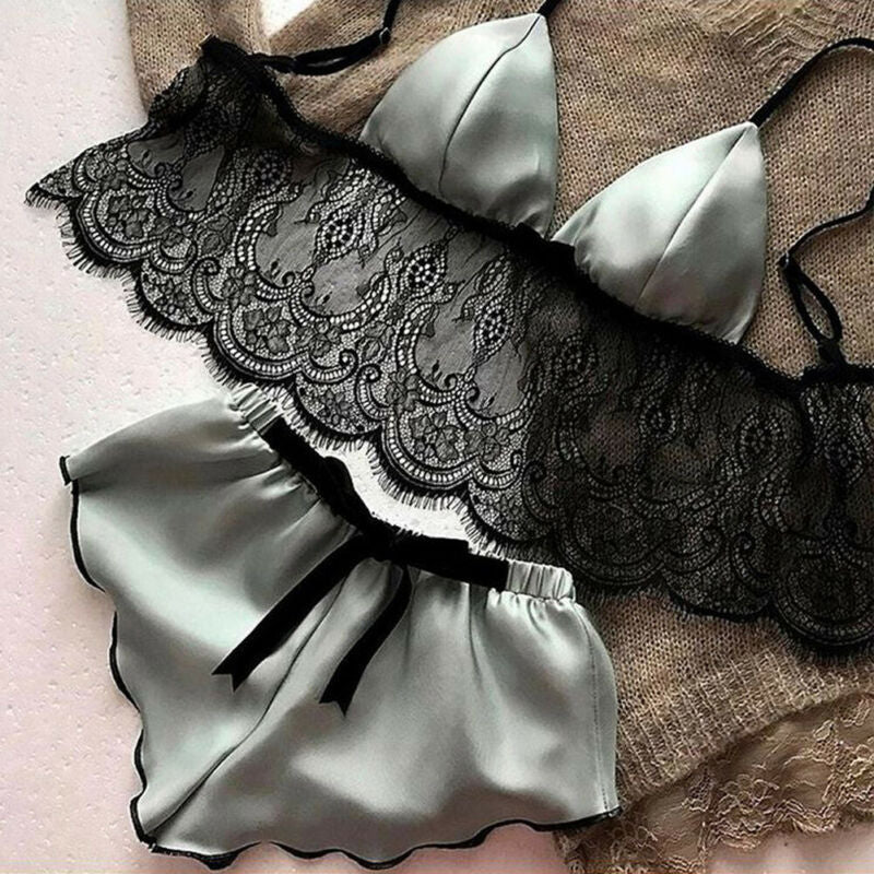 Satin underwear bra shorts set Grey