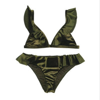 Women Ice Velvet Ruffle Bikini Sets Band Army Green