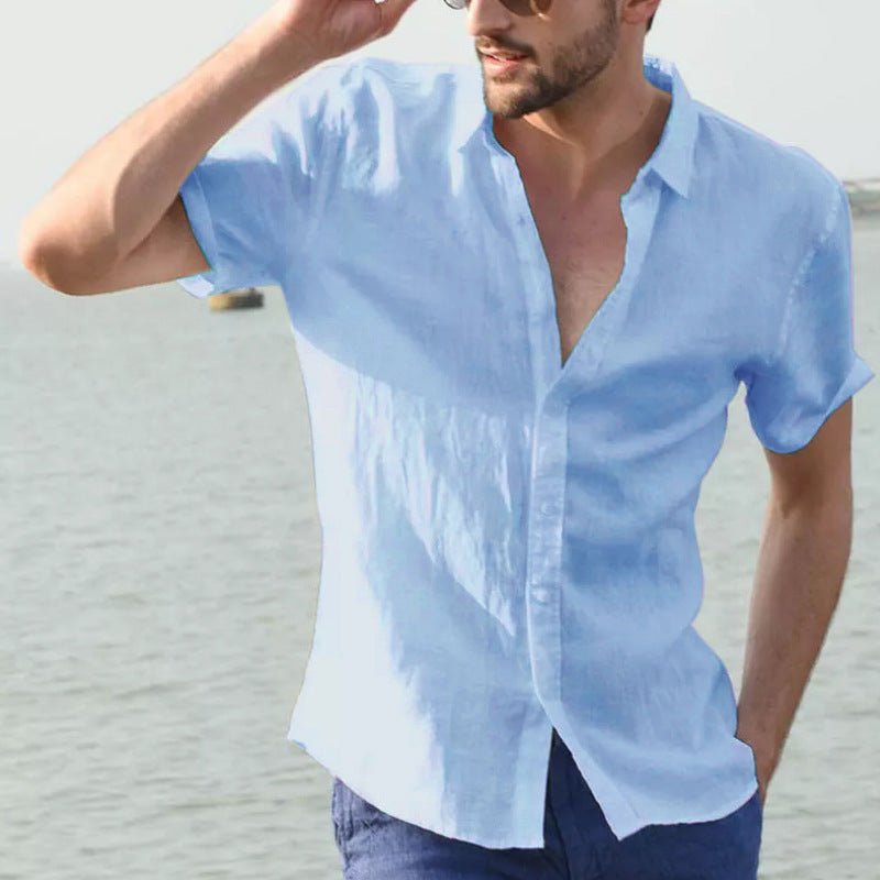 Summer Short-sleeved Shirt Casual Button Tops Men Clothing Blue