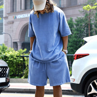 2pcs Loose Round Neck Short-sleeved T-shirt And Drawstring Pockets Short Sky Blue