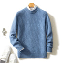 Thick Round Neck Men's Pure Wool Sweater Blue With Pattern