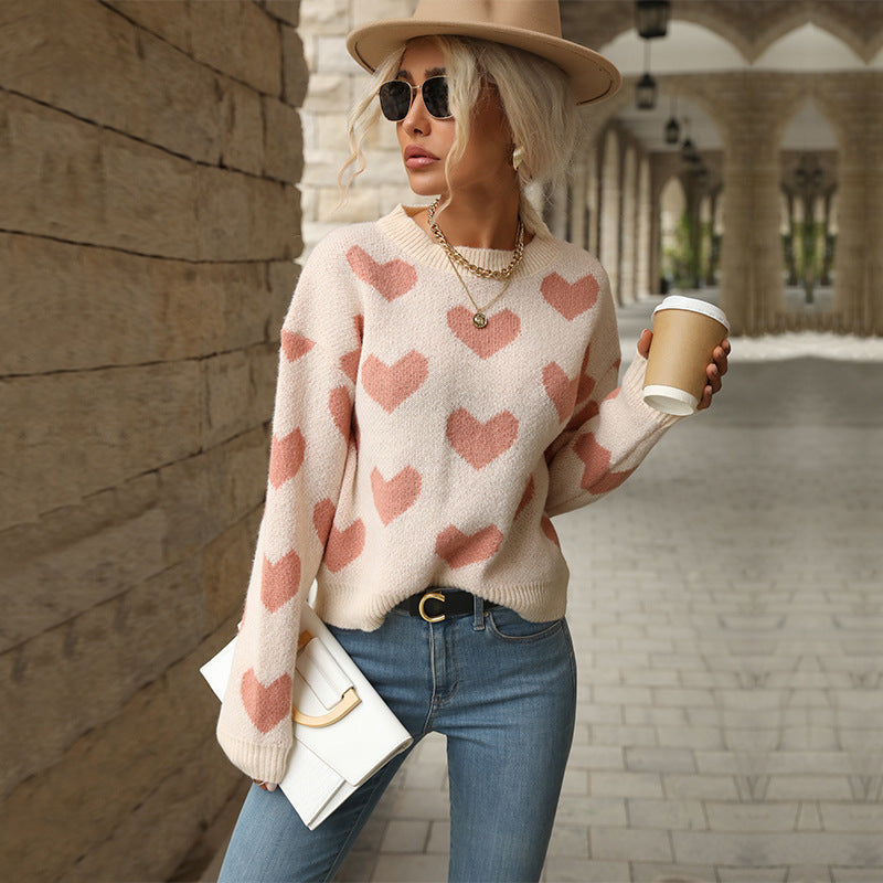 Casual Knitted Long-sleeved Pullover With Love Printed Design For Women