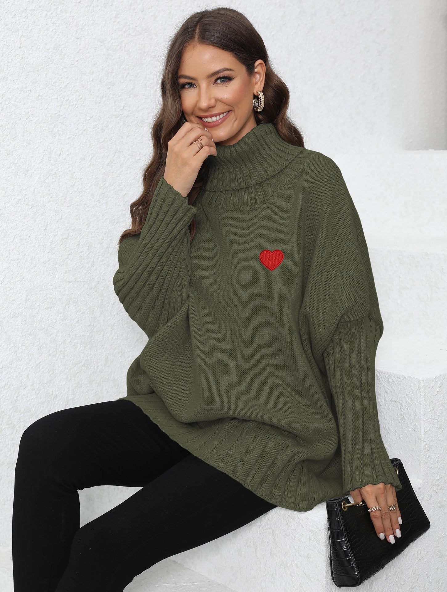 Knitted Loose Lapel Solid Color Turtleneck With Woven Love Stickers For Women Army Green Average Size