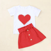 European And American Inspired 2-Piece White Short Sleeve With Pearl Love Design + Baby Bow Skirt Set For Girls Red