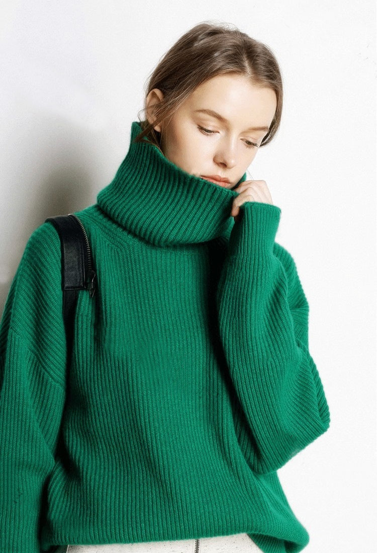 High collar Wool + cashmere sweater Green