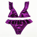 Women Ice Velvet Ruffle Bikini Sets Band Purple