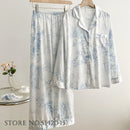 Fashion Print Flower 2PCS Pajamas Set Blue Long Set M